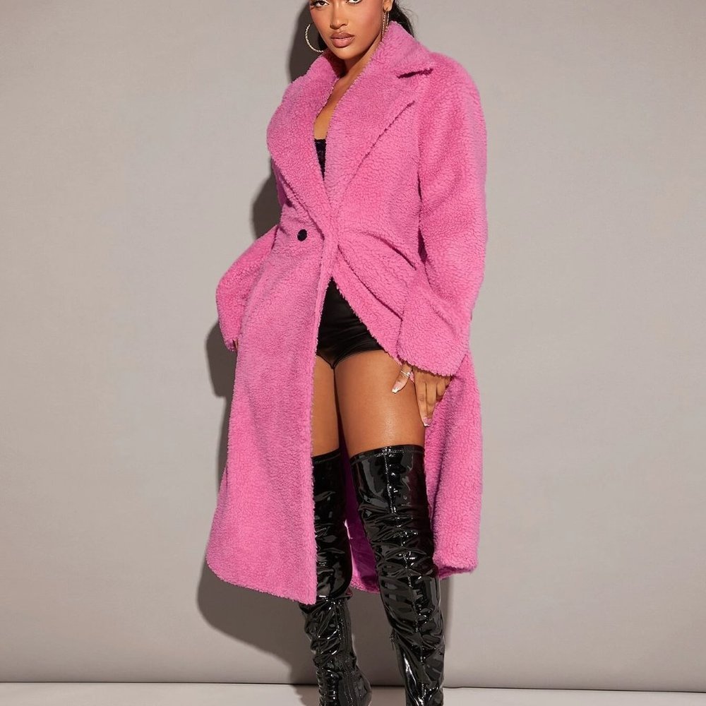 Pink Casual Womens Lapel Neck Double Button Teddy Coat - Picture 5 of 5